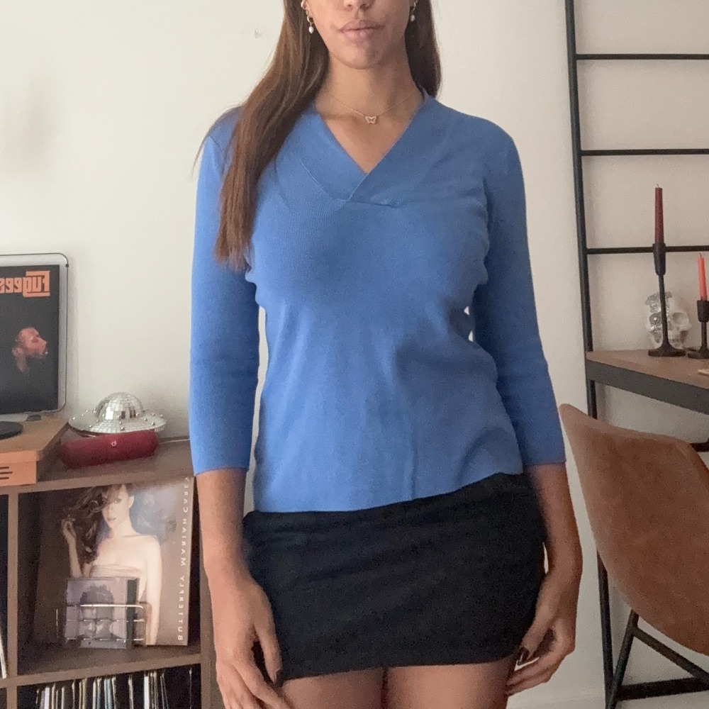 Evie Blue Ribbed V-Neck 3/4 Sleeve Knit Top Sweater Cornflower Blue